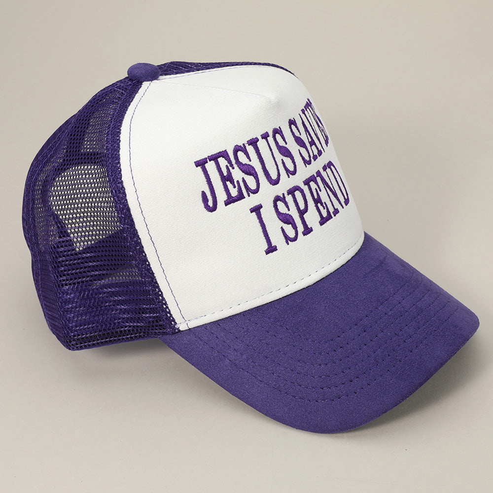 HATEGORY JESUS SAVES I SPEND Message Embroidered Mesh Back Suede Trucker Cap