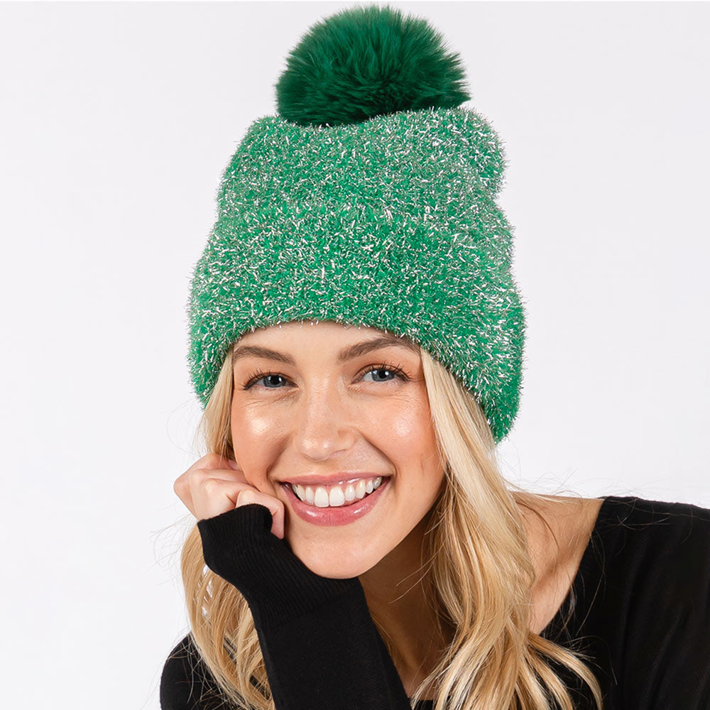 HATEGORY Lurex Mixed Pom Pom Beanie Hat