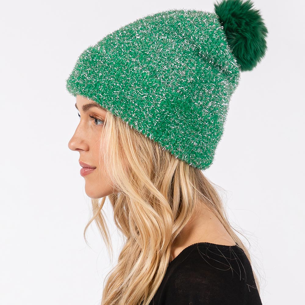 HATEGORY Lurex Mixed Pom Pom Beanie Hat