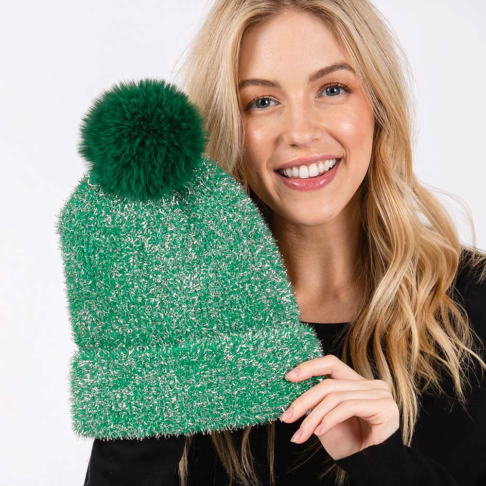 HATEGORY Lurex Mixed Pom Pom Beanie Hat