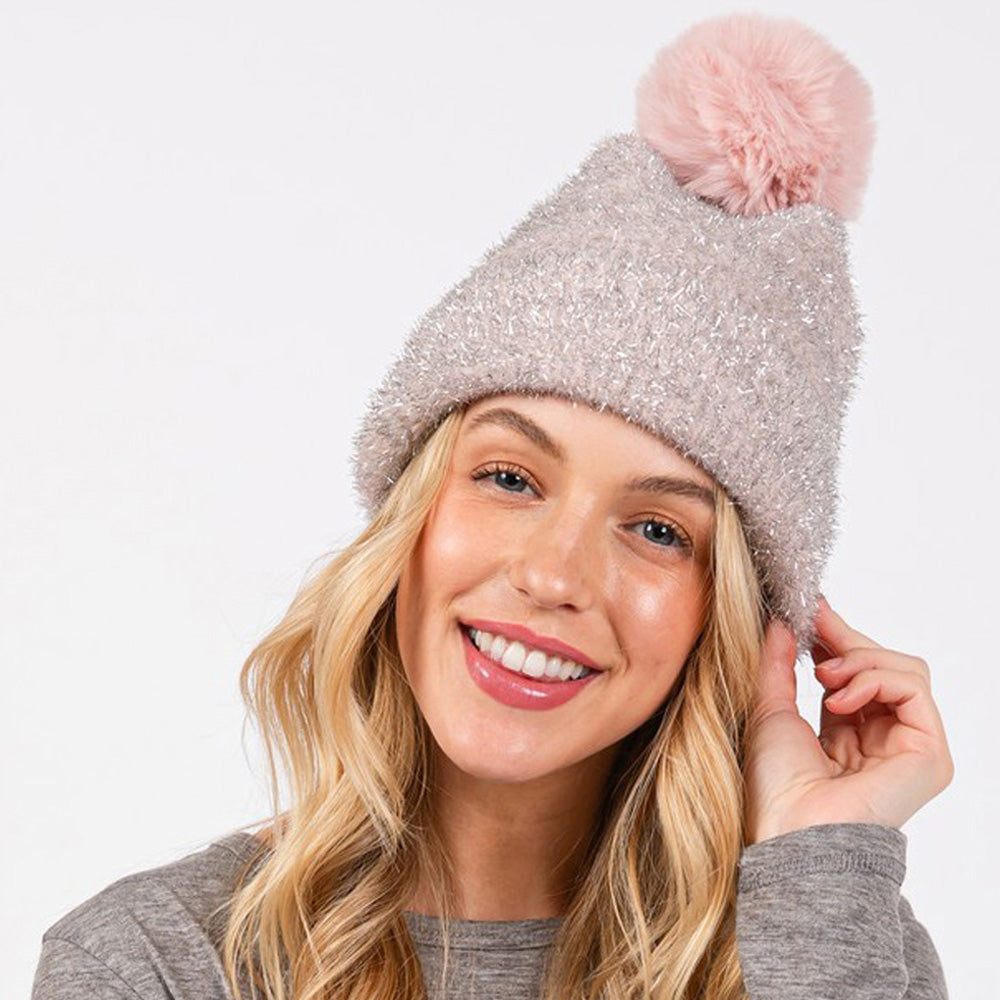 HATEGORY Lurex Mixed Pom Pom Beanie Hat