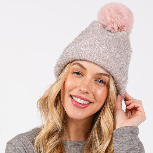 HATEGORY Lurex Mixed Pom Pom Beanie Hat