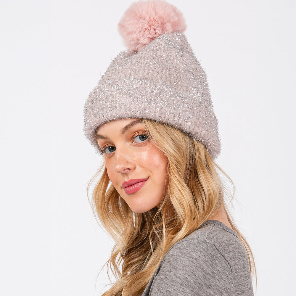 HATEGORY Lurex Mixed Pom Pom Beanie Hat