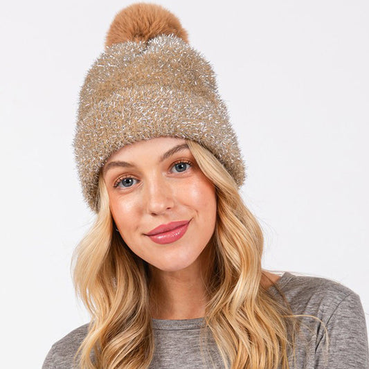 HATEGORY Lurex Mixed Pom Pom Beanie Hat