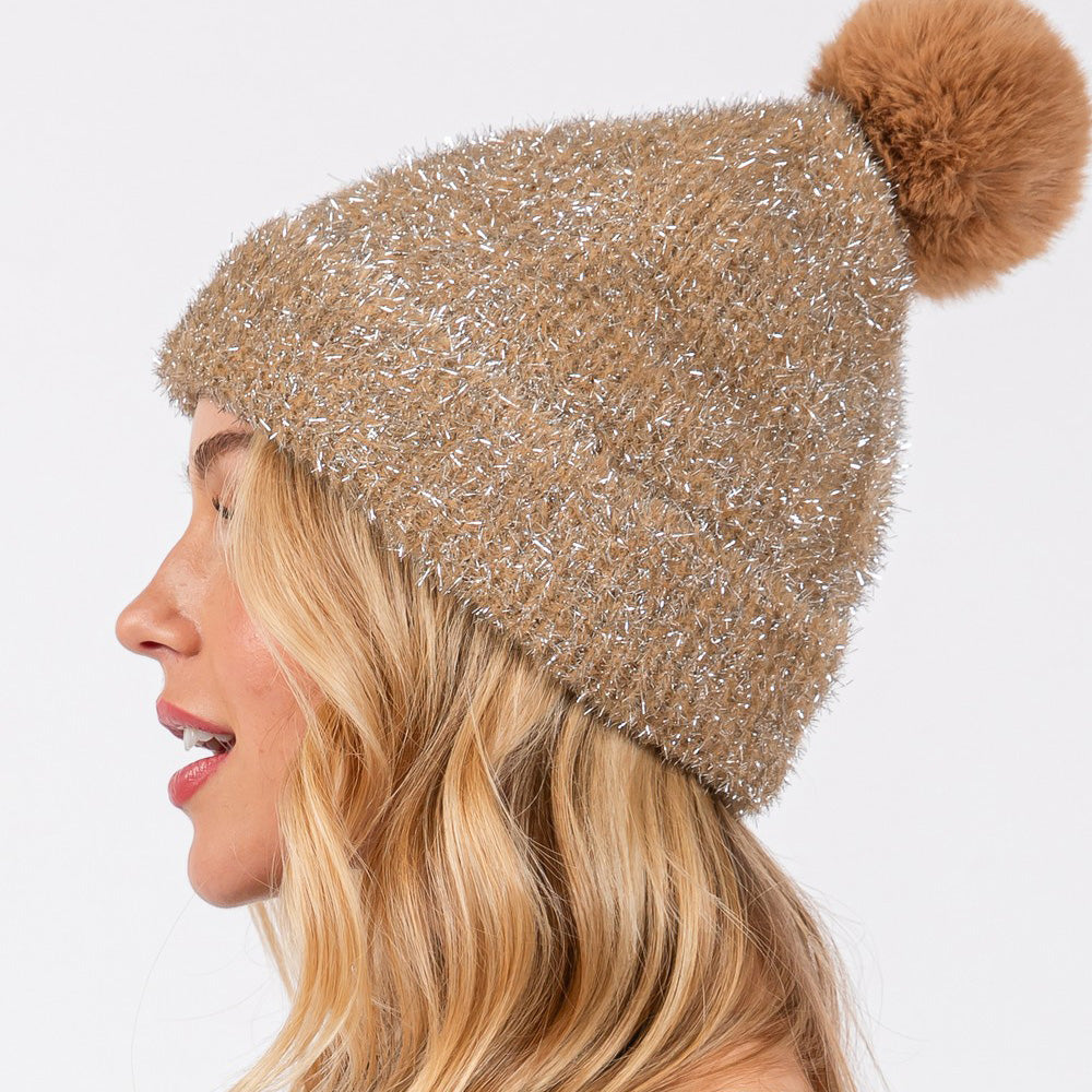HATEGORY Lurex Mixed Pom Pom Beanie Hat