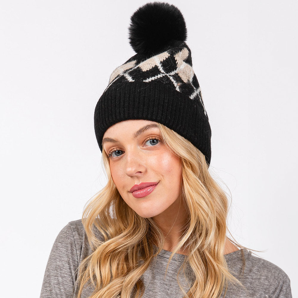 HATEGORY Wool Blended Argyle Fleece Pom Pom Beanie Hat