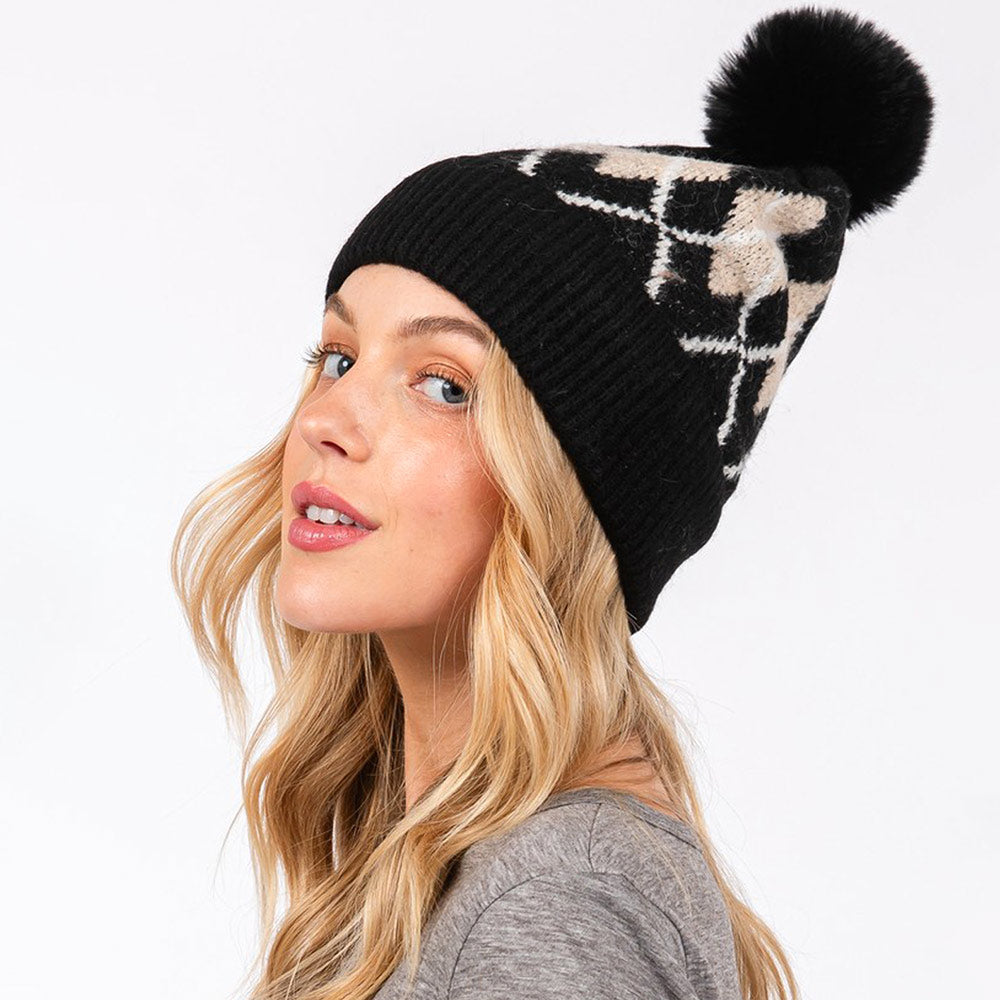 HATEGORY Wool Blended Argyle Fleece Pom Pom Beanie Hat