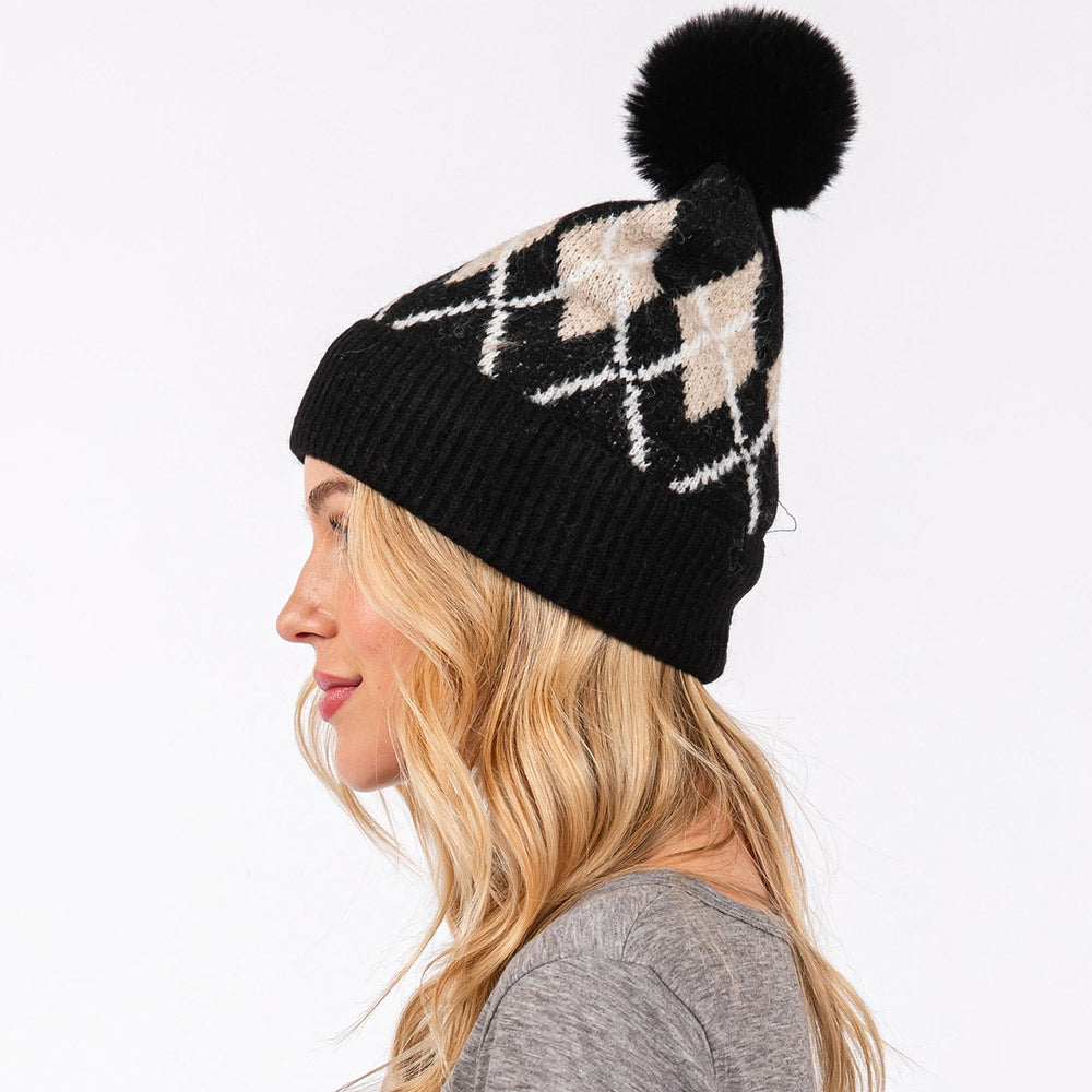 HATEGORY Wool Blended Argyle Fleece Pom Pom Beanie Hat