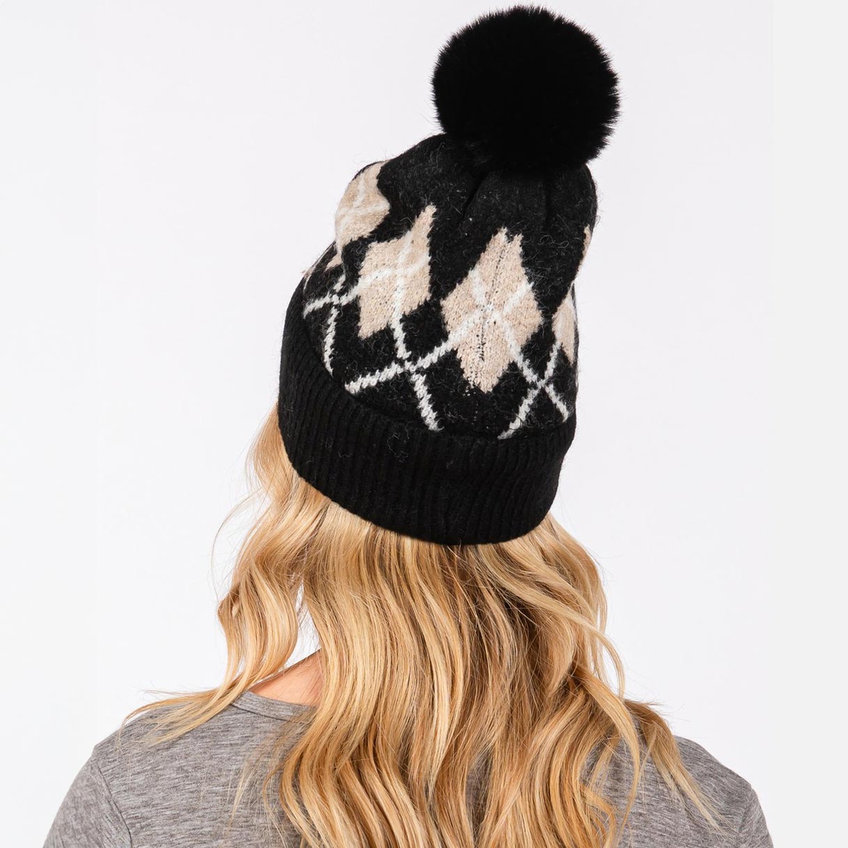 HATEGORY Wool Blended Argyle Fleece Pom Pom Beanie Hat