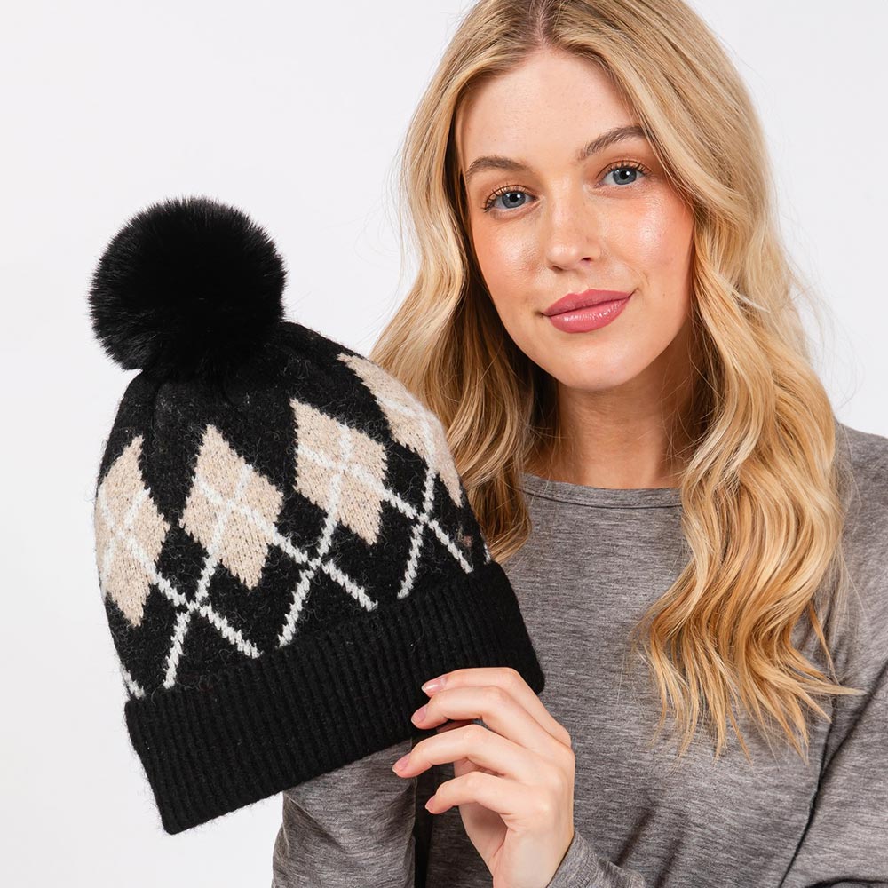 HATEGORY Wool Blended Argyle Fleece Pom Pom Beanie Hat