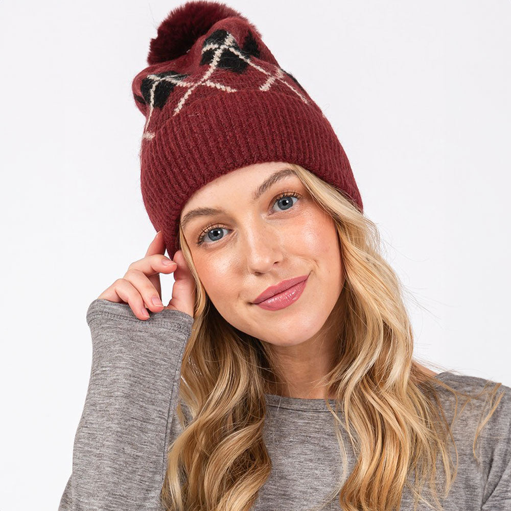 HATEGORY Wool Blended Argyle Fleece Pom Pom Beanie Hat