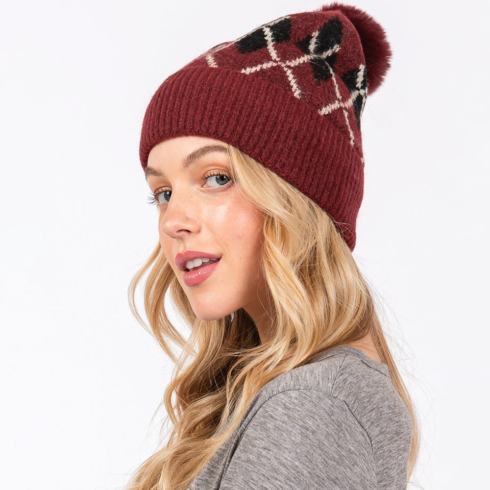 HATEGORY Wool Blended Argyle Fleece Pom Pom Beanie Hat