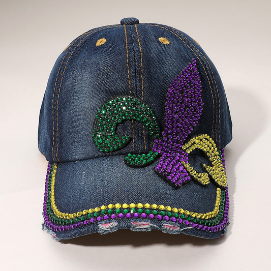 HATEGORY Bling Studded Mardi Gras Fleur de Lis Baseball Cap