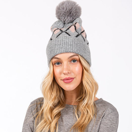 HATEGORY Wool Blended Argyle Fleece Pom Pom Beanie Hat