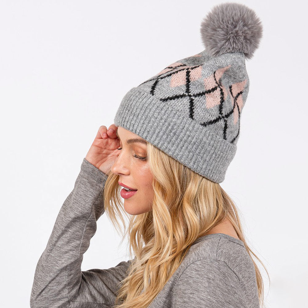 HATEGORY Wool Blended Argyle Fleece Pom Pom Beanie Hat