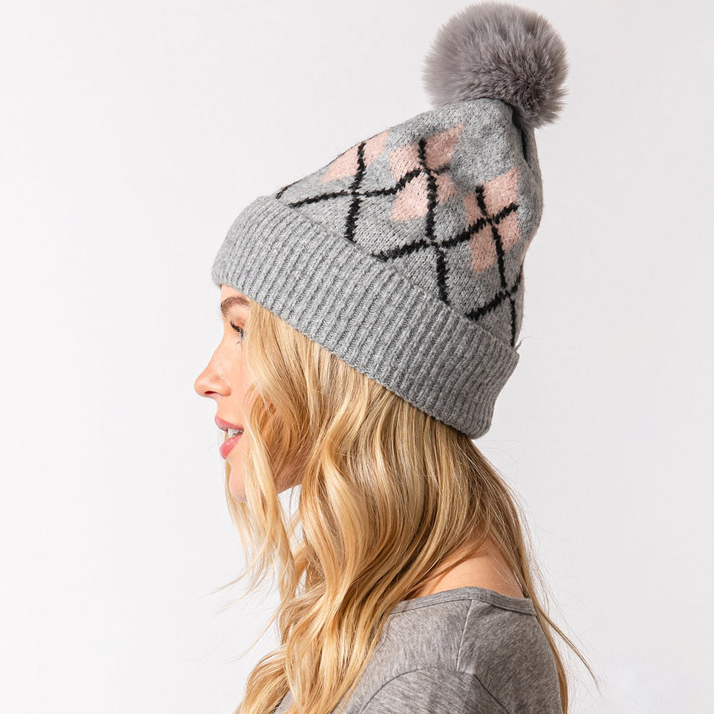HATEGORY Wool Blended Argyle Fleece Pom Pom Beanie Hat