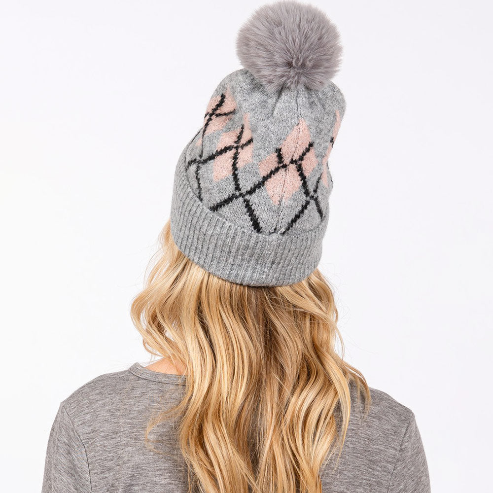 HATEGORY Wool Blended Argyle Fleece Pom Pom Beanie Hat