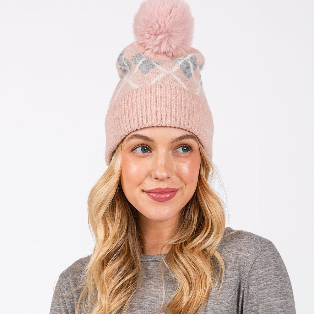 HATEGORY Wool Blended Argyle Fleece Pom Pom Beanie Hat