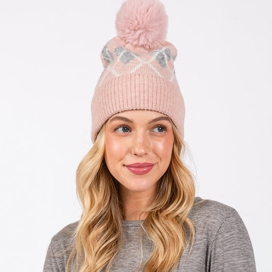 HATEGORY Wool Blended Argyle Fleece Pom Pom Beanie Hat