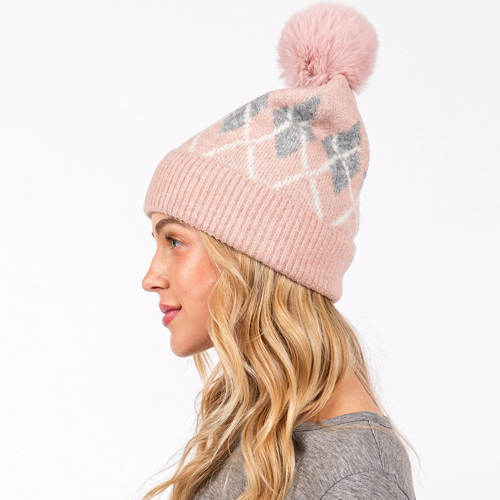 HATEGORY Wool Blended Argyle Fleece Pom Pom Beanie Hat