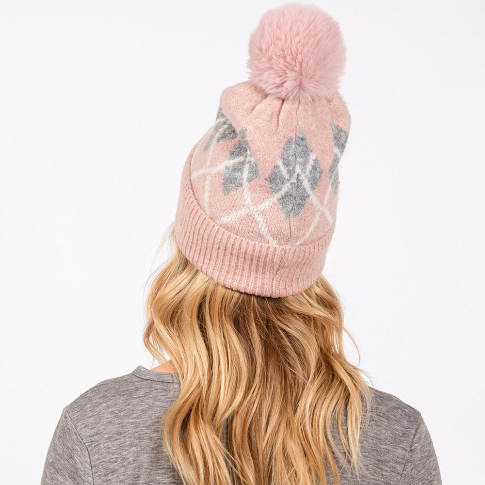 HATEGORY Wool Blended Argyle Fleece Pom Pom Beanie Hat
