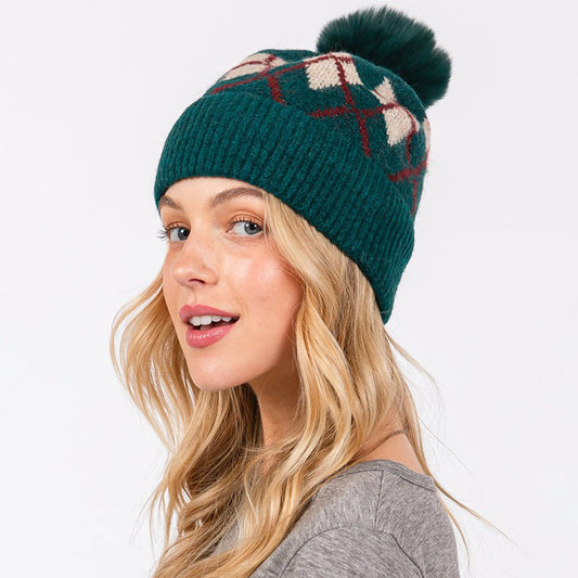 HATEGORY Wool Blended Argyle Fleece Pom Pom Beanie Hat