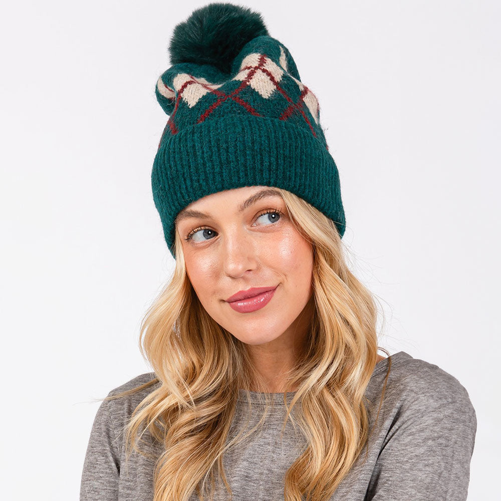 HATEGORY Wool Blended Argyle Fleece Pom Pom Beanie Hat