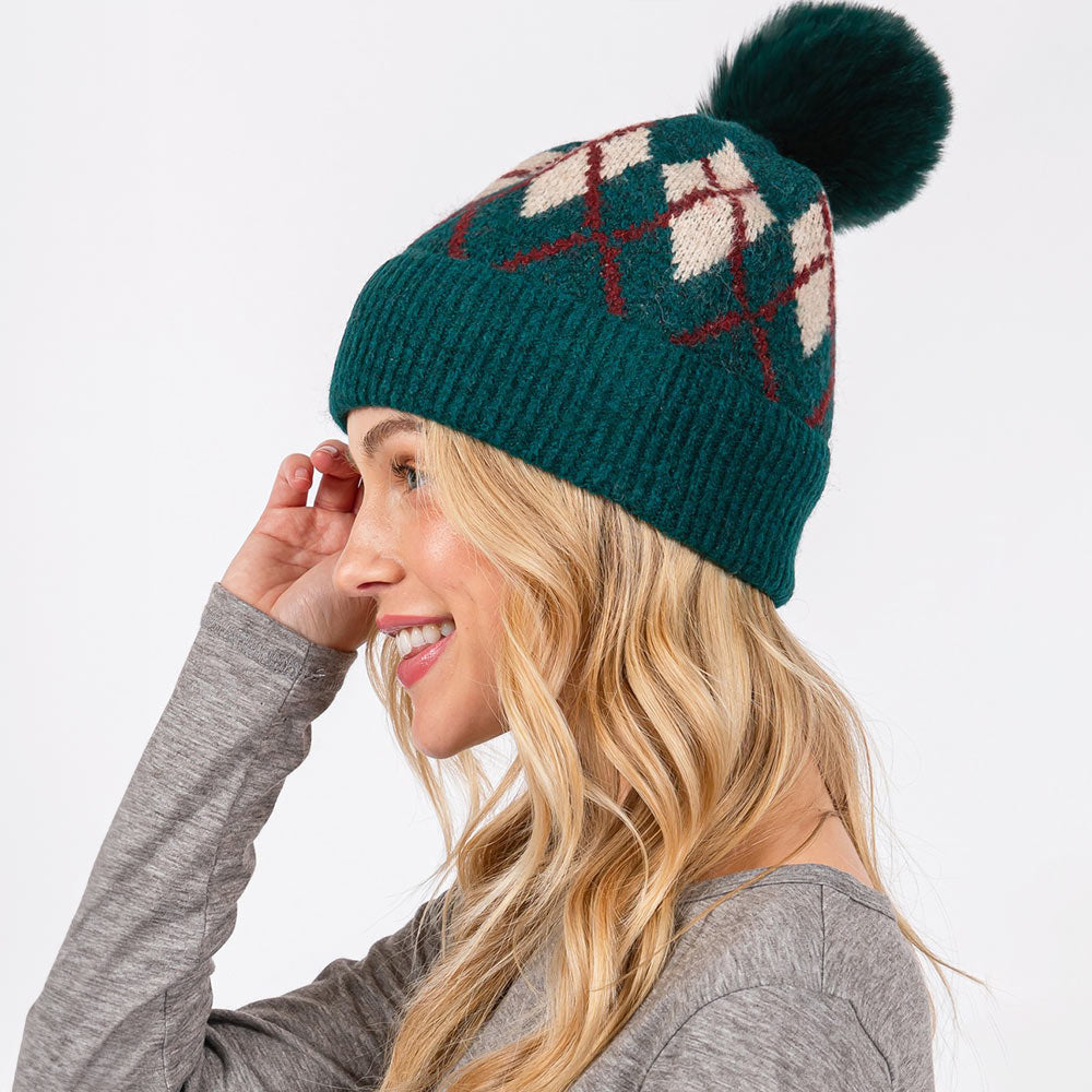 HATEGORY Wool Blended Argyle Fleece Pom Pom Beanie Hat