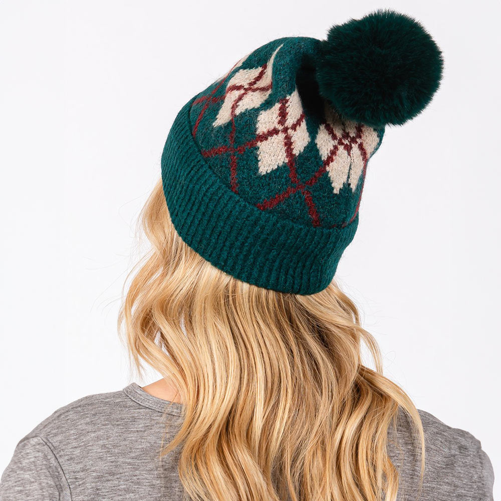 HATEGORY Wool Blended Argyle Fleece Pom Pom Beanie Hat