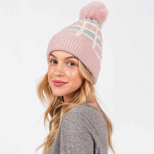 HATEGORY Cozy Color Blocked Pom Pom Beanie Hat