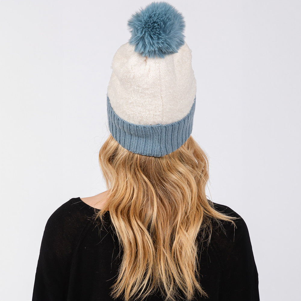 HATEGORY Two Tone Fleeced Pom Pom Beanie Hat
