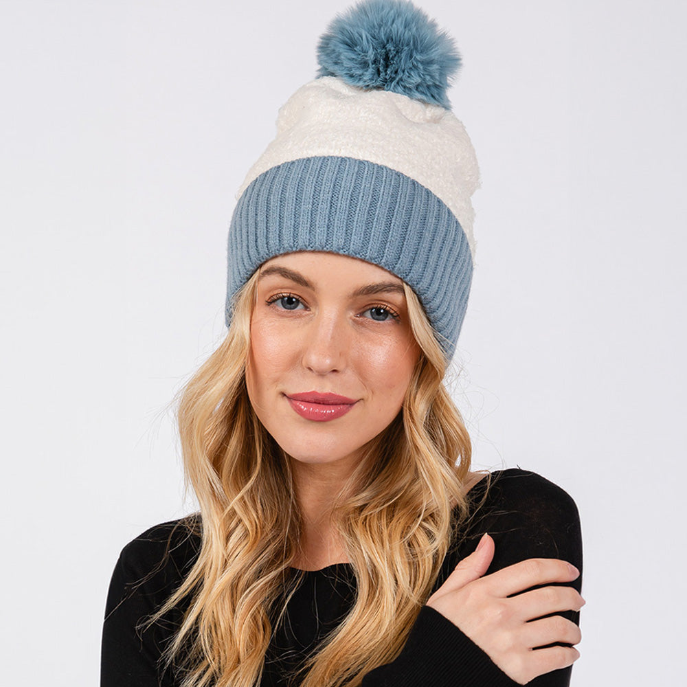 HATEGORY Two Tone Fleeced Pom Pom Beanie Hat