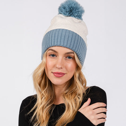 HATEGORY Two Tone Fleeced Pom Pom Beanie Hat