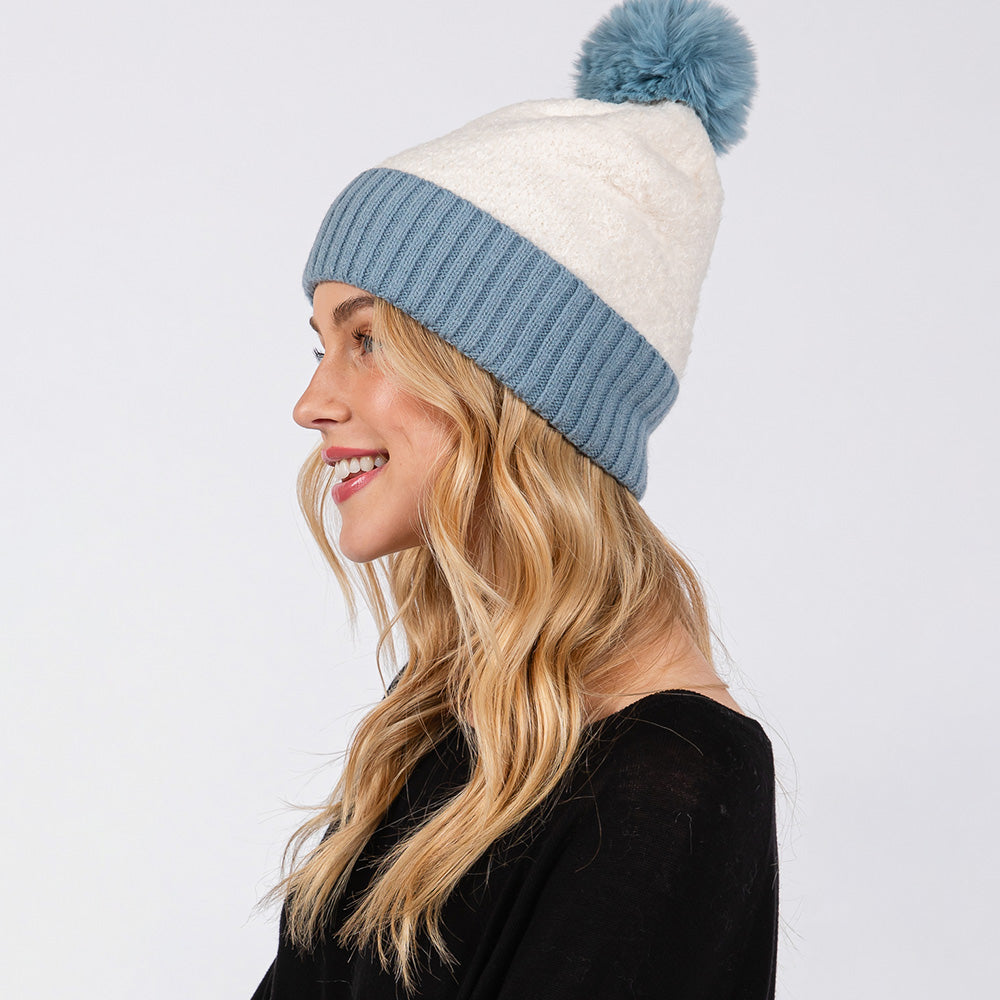 HATEGORY Two Tone Fleeced Pom Pom Beanie Hat