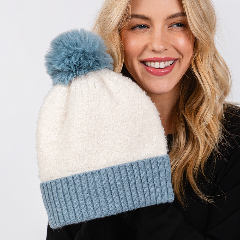 HATEGORY Two Tone Fleeced Pom Pom Beanie Hat
