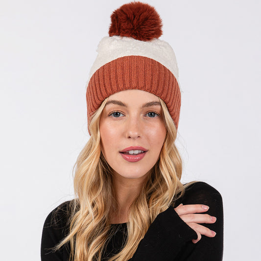 HATEGORY Two Tone Fleeced Pom Pom Beanie Hat