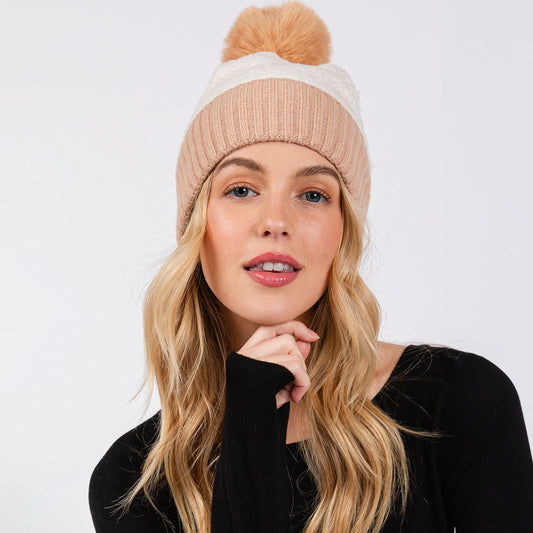 HATEGORY Two Tone Fleeced Pom Pom Beanie Hat