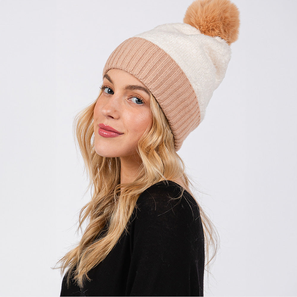 HATEGORY Two Tone Fleeced Pom Pom Beanie Hat