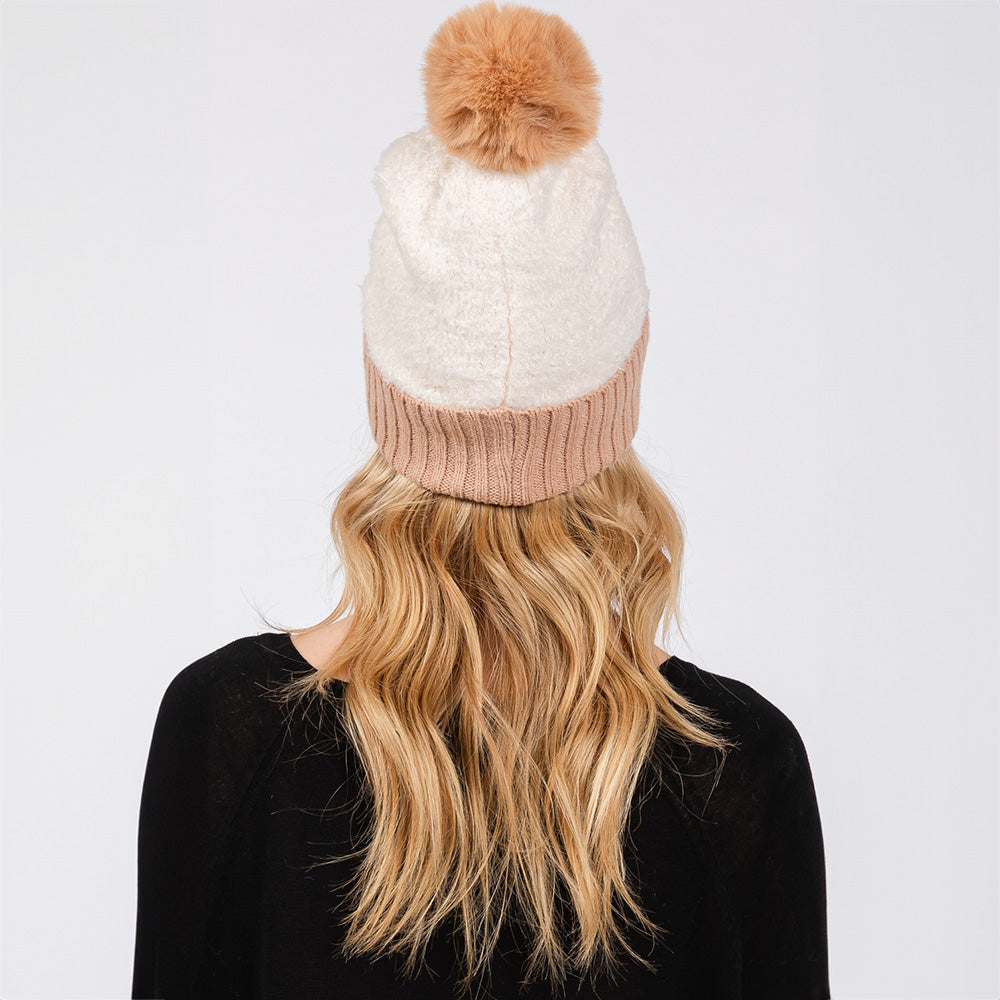 HATEGORY Two Tone Fleeced Pom Pom Beanie Hat