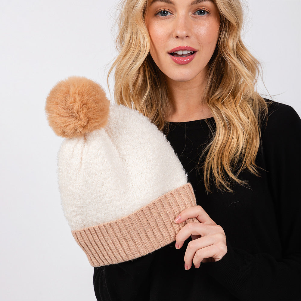 HATEGORY Two Tone Fleeced Pom Pom Beanie Hat