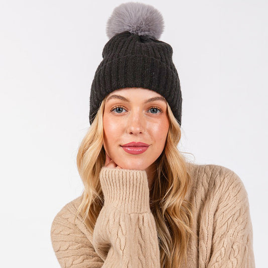 HATEGORY Solid Color Pom Pom Two Tone Beanie Hat