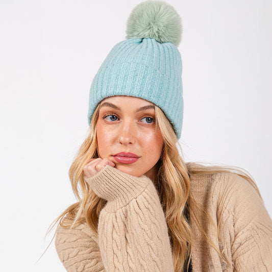 HATEGORY Solid Color Pom Pom Two Tone Beanie Hat