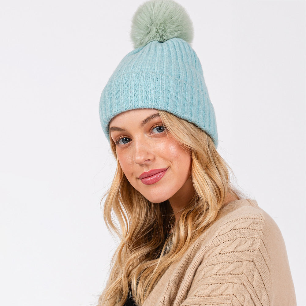 HATEGORY Solid Color Pom Pom Two Tone Beanie Hat
