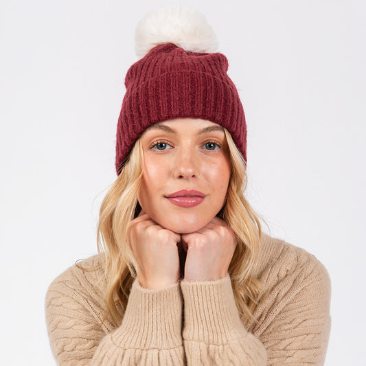 HATEGORY Solid Color Pom Pom Two Tone Beanie Hat