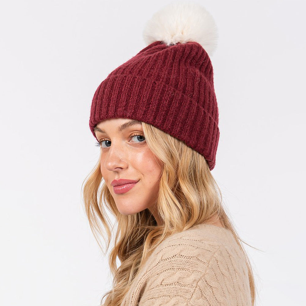 HATEGORY Solid Color Pom Pom Two Tone Beanie Hat