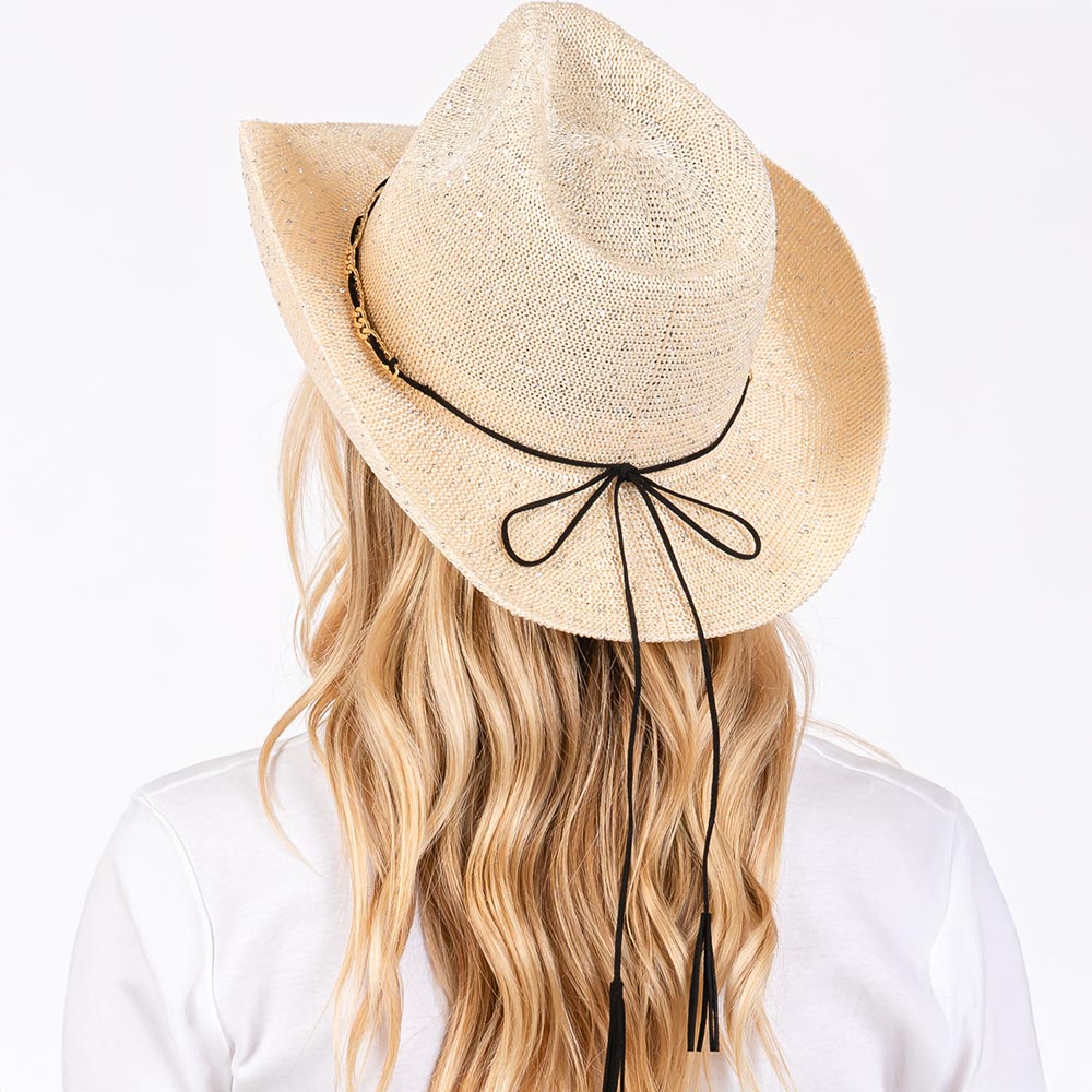 HATEGORY Sequin Cowboy Hat with Metal Chain Suede String Band