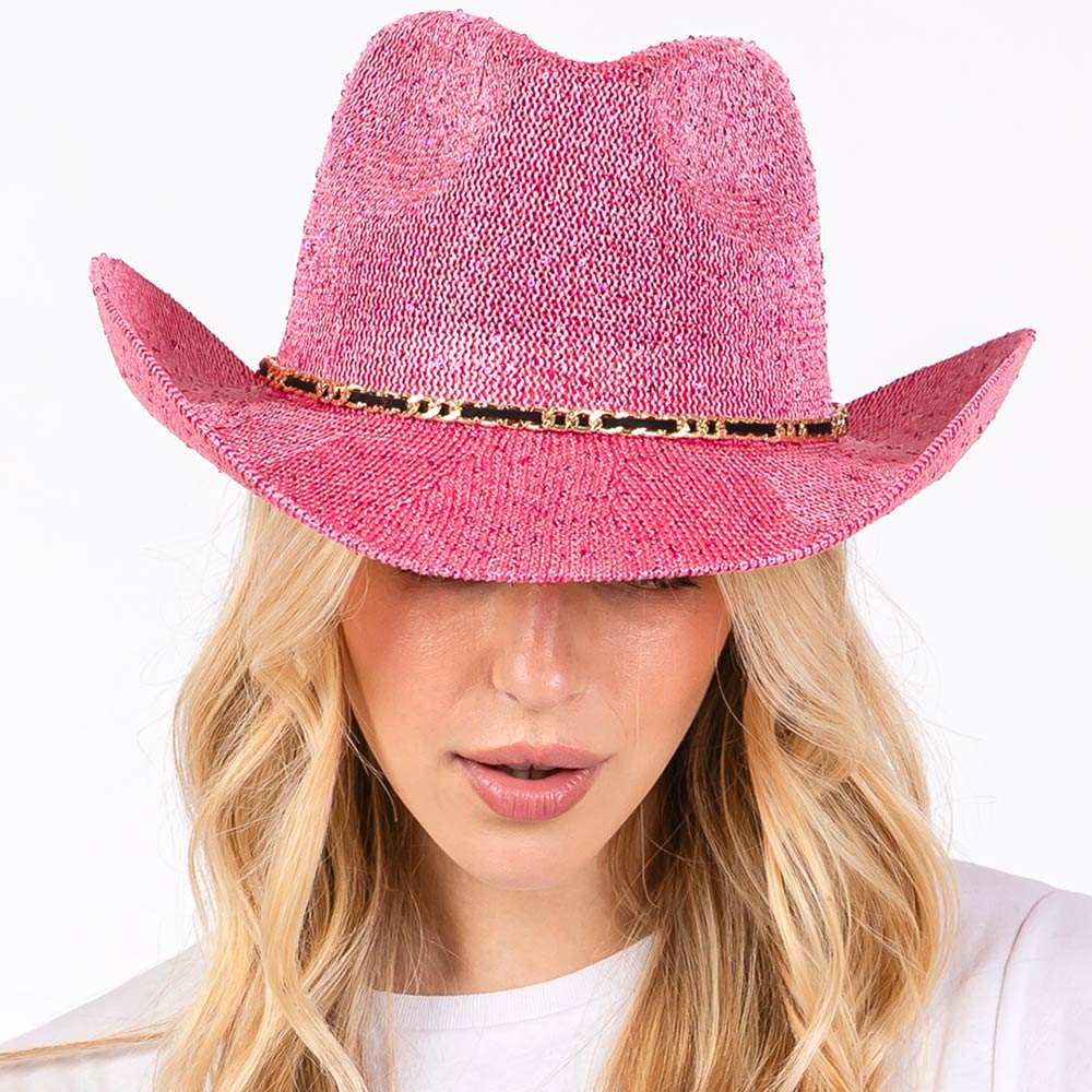 HATEGORY Sequin Cowboy Hat with Metal Chain Suede String Band