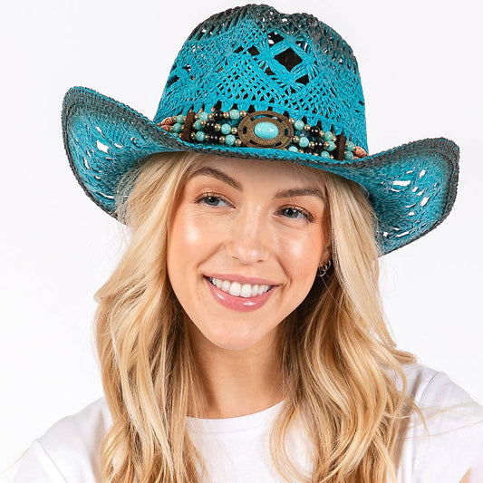 HATEGORY Tea Stained Open Weave Cowboy Hat with Western Wood Bead Band