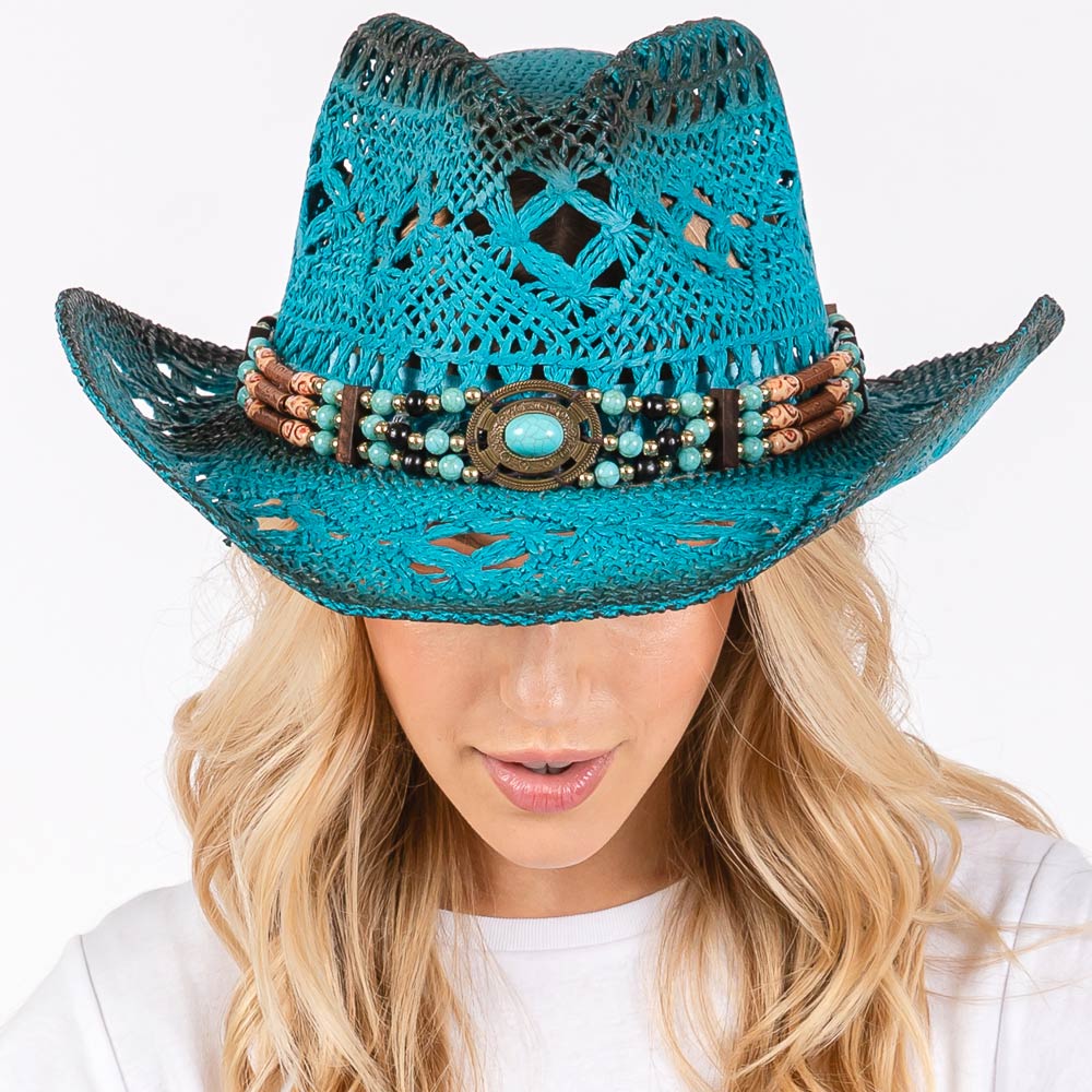 HATEGORY Tea Stained Open Weave Cowboy Hat with Western Wood Bead Band