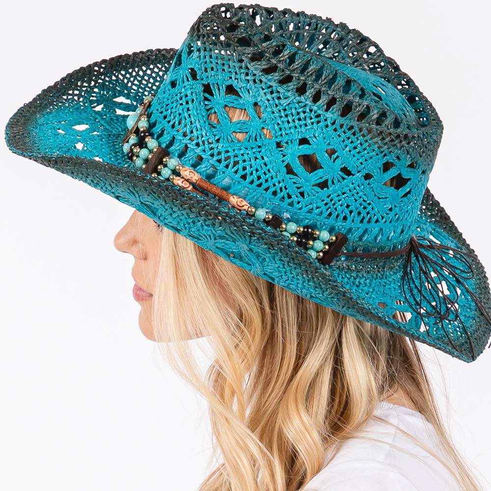HATEGORY Tea Stained Open Weave Cowboy Hat with Western Wood Bead Band